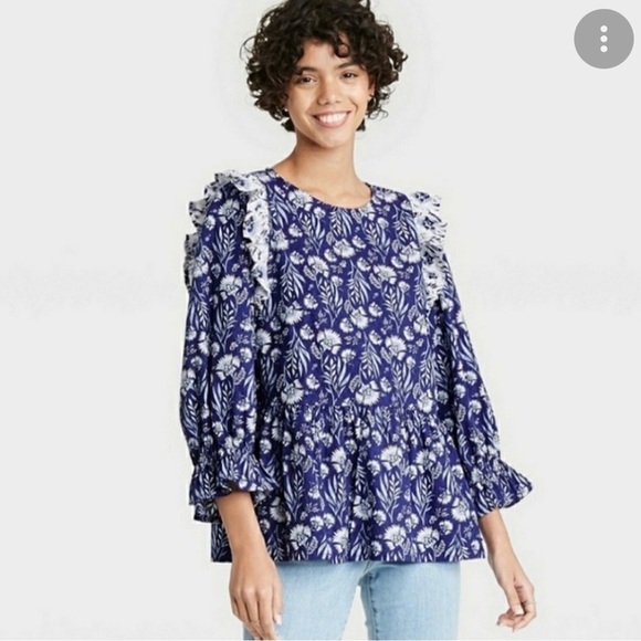 Universal Thread Tops - Universal Thread Blue Floral Print Puff 3/4 Sleeve Ruffle Blouse Size XL